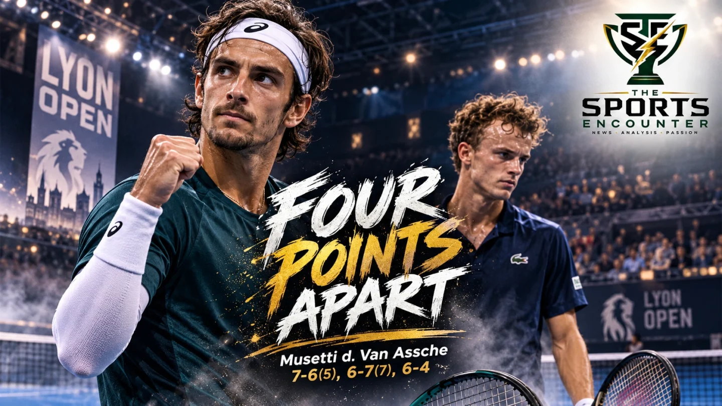 Proposed cinematic illustration of Lorenzo Musetti and Luca Van Assche competing in their three-set Lyon Open quarterfinal, highlighting Musetti's victory and upcoming semifinal against Flavio Cobolli.