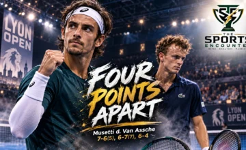 Proposed cinematic illustration of Lorenzo Musetti and Luca Van Assche competing in their three-set Lyon Open quarterfinal, highlighting Musetti's victory and upcoming semifinal against Flavio Cobolli.