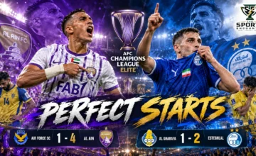 AFC Champions League Elite editorial graphic featuring Al Ain's Houssine Rahimi celebrating a 4-1 victory over Air Force SC and Esteghlal's 2-1 win against Al Gharafa.