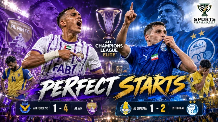 AFC Champions League Elite editorial graphic featuring Al Ain's Houssine Rahimi celebrating a 4-1 victory over Air Force SC and Esteghlal's 2-1 win against Al Gharafa.