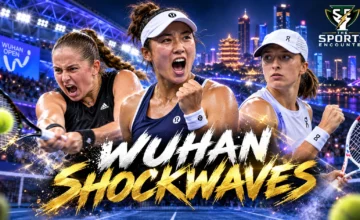 Ann Li, Jelena Ostapenko and Iga Świątek featured in a Wuhan Open 2026 tennis graphic highlighting the October 14 upsets and WTA Finals race.