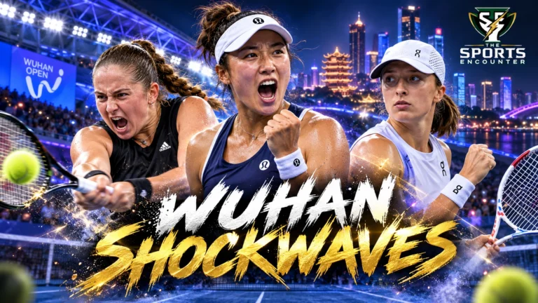 Ann Li, Jelena Ostapenko and Iga Świątek featured in a Wuhan Open 2026 tennis graphic highlighting the October 14 upsets and WTA Finals race.