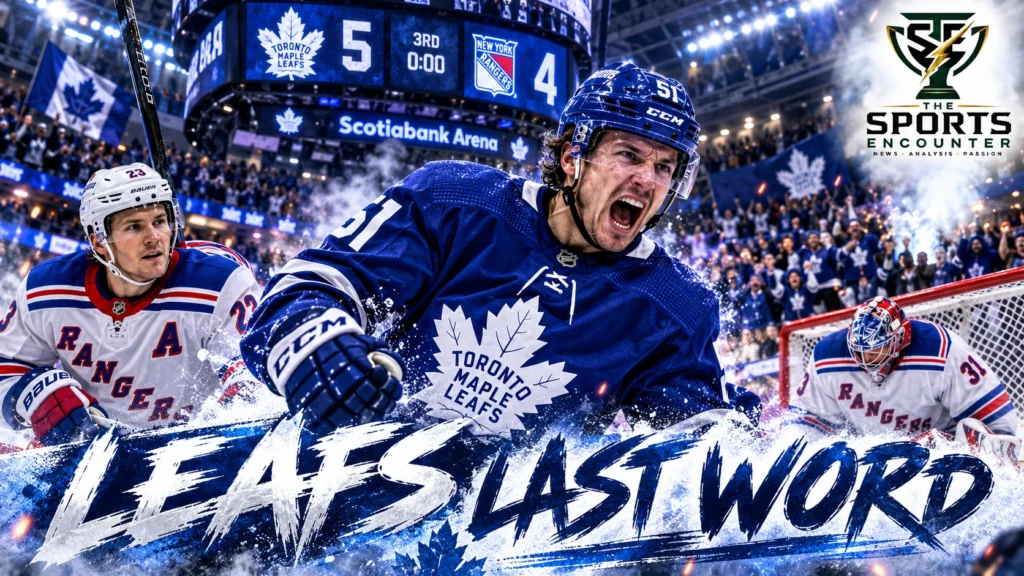 Proposed cinematic illustration of Toronto Maple Leafs defenseman Troy Stecher celebrating a late winning goal against the New York Rangers at Scotiabank Arena on October 22, 2026.