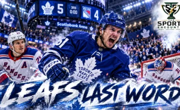 Proposed cinematic illustration of Toronto Maple Leafs defenseman Troy Stecher celebrating a late winning goal against the New York Rangers at Scotiabank Arena on October 22, 2026.