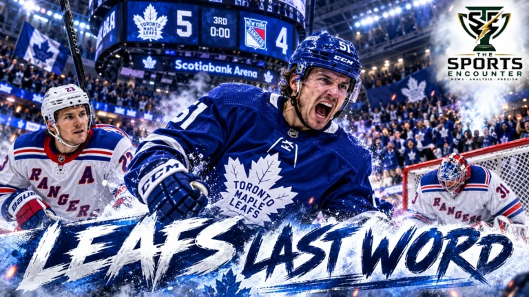 Proposed cinematic illustration of Toronto Maple Leafs defenseman Troy Stecher celebrating a late winning goal against the New York Rangers at Scotiabank Arena on October 22, 2026.