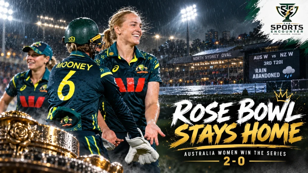 Australian women's cricketers Kim Garth and Sophie Molineux celebrate early New Zealand wickets at North Sydney Oval during the rain-abandoned third T20I on October 22, 2026.