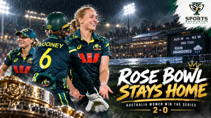 Australian women's cricketers Kim Garth and Sophie Molineux celebrate early New Zealand wickets at North Sydney Oval during the rain-abandoned third T20I on October 22, 2026.