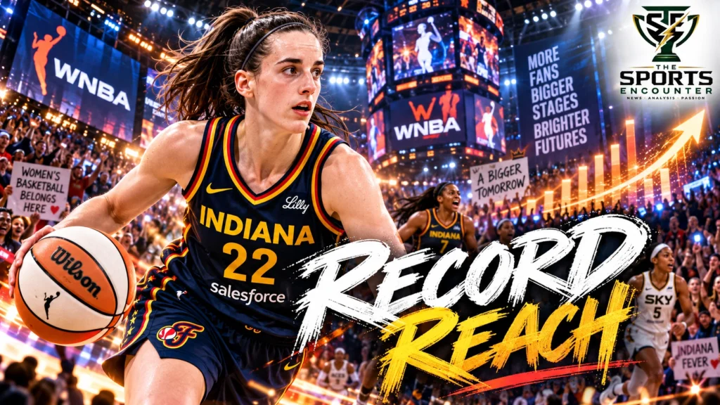 Caitlin Clark of the Indiana Fever alongside a packed WNBA basketball arena, illustrating the league's record television audiences and attendance in 2026.