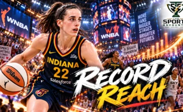 Caitlin Clark of the Indiana Fever alongside a packed WNBA basketball arena, illustrating the league's record television audiences and attendance in 2026.