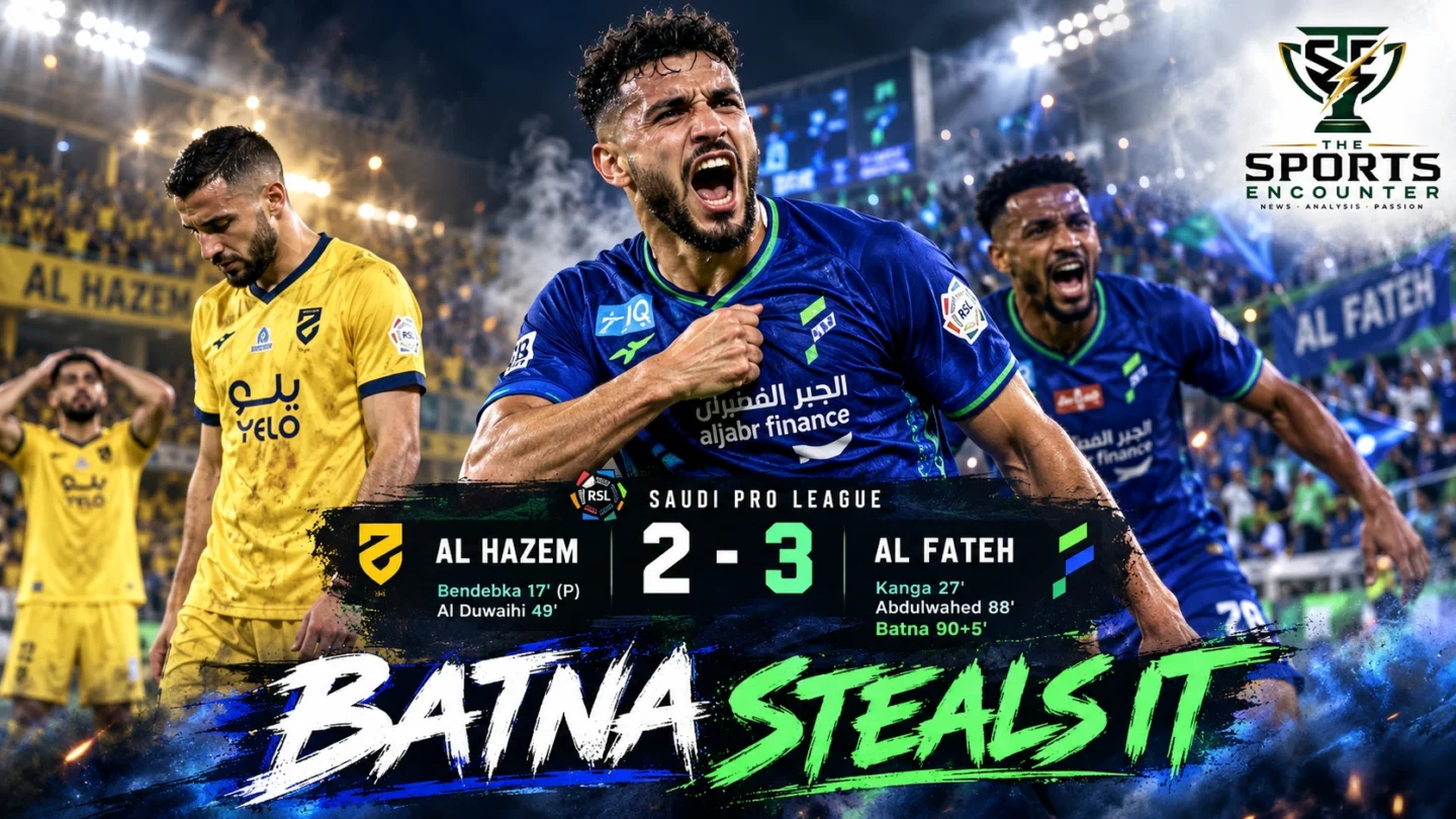 Proposed graphic showing Mourad Batna celebrating Al Fateh's stoppage-time winner in their 3-2 Saudi Pro League comeback against Al Hazem on October 15, 2026.