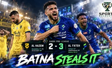 Proposed graphic showing Mourad Batna celebrating Al Fateh's stoppage-time winner in their 3-2 Saudi Pro League comeback against Al Hazem on October 15, 2026.