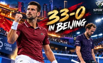 Novak Djokovic celebrates during his China Open semifinal against Daniil Medvedev in Beijing before advancing to face Alex de Minaur in the 2026 final.