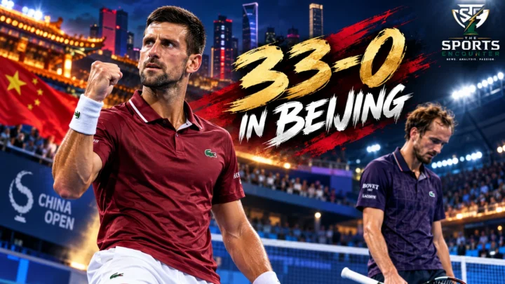 Novak Djokovic celebrates during his China Open semifinal against Daniil Medvedev in Beijing before advancing to face Alex de Minaur in the 2026 final.