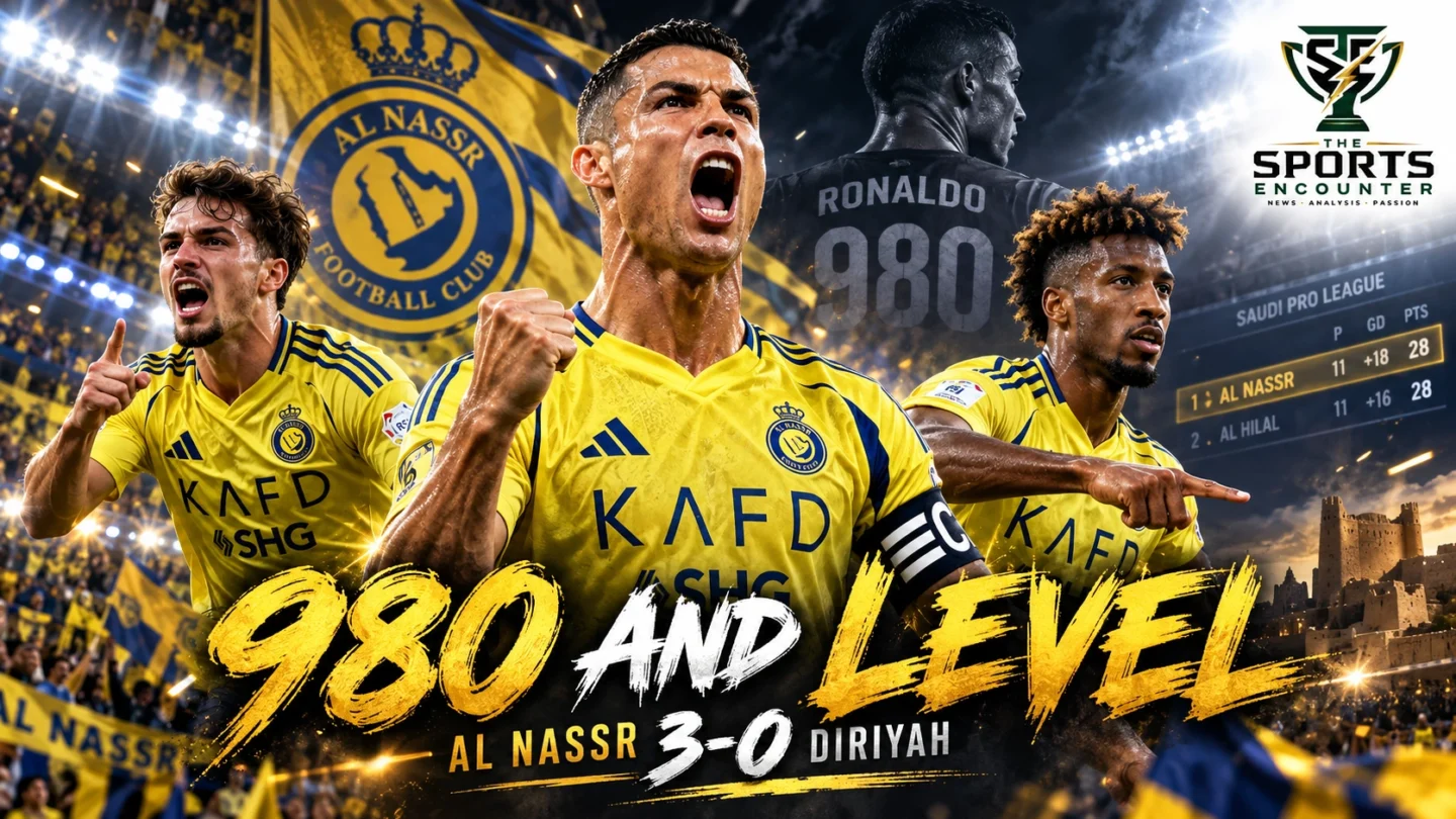 Cristiano Ronaldo celebrating for Al Nassr alongside Samú Costa and Kingsley Coman after their 3-0 Saudi Pro League victory over Diriyah on October 9, 2026.