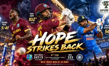 West Indies captain Shai Hope celebrating his unbeaten century alongside Keemo Paul after his five-wicket haul against India in the fourth T20I at Hyderabad on October 14, 2026.