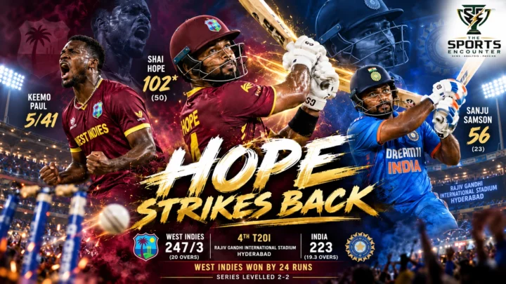 West Indies captain Shai Hope celebrating his unbeaten century alongside Keemo Paul after his five-wicket haul against India in the fourth T20I at Hyderabad on October 14, 2026.