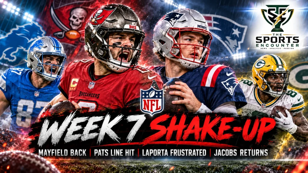 Cinematic NFL Week 7 editorial montage featuring Baker Mayfield, Drake Maye, Sam LaPorta and Josh Jacobs, representing injury concerns, contract uncertainty and major team decisions.