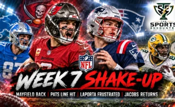 Cinematic NFL Week 7 editorial montage featuring Baker Mayfield, Drake Maye, Sam LaPorta and Josh Jacobs, representing injury concerns, contract uncertainty and major team decisions.