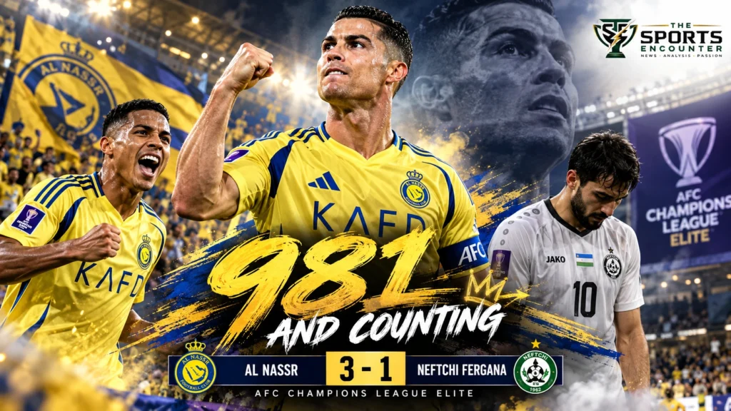 Cristiano Ronaldo and Ângelo Gabriel feature in an Al Nassr victory graphic after their 3-1 AFC Champions League Elite win over Neftchi Fergana in Riyadh.