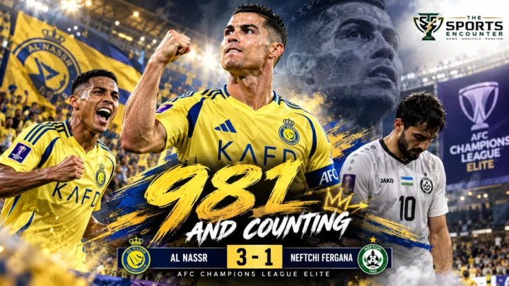 Cristiano Ronaldo and Ângelo Gabriel feature in an Al Nassr victory graphic after their 3-1 AFC Champions League Elite win over Neftchi Fergana in Riyadh.