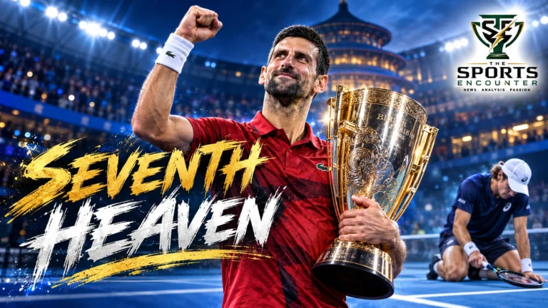 Novak Djokovic celebrates his seventh China Open title in Beijing after Alex de Minaur retires from the 2026 final with Djokovic leading 7-6(3), 0-1.