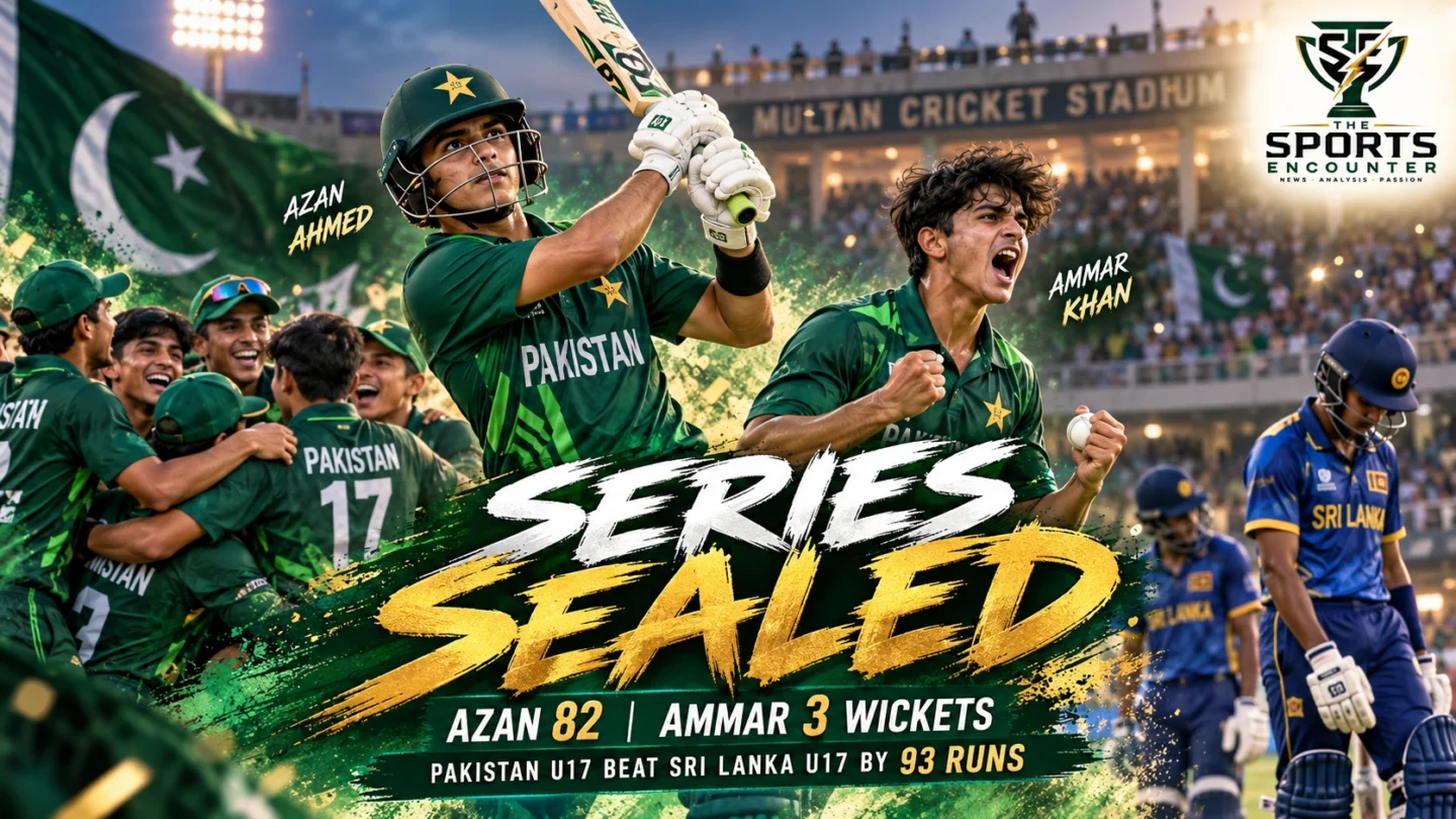 Pakistan Under-17 captain Azan Ahmed and bowler Ammar Khan featured in an editorial illustration celebrating Pakistan's 93-run victory over Sri Lanka and 3-1 series lead at Multan Cricket Stadium, with The Sports Encounter's official logo.