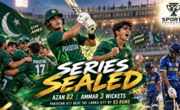 Pakistan Under-17 captain Azan Ahmed and bowler Ammar Khan featured in an editorial illustration celebrating Pakistan's 93-run victory over Sri Lanka and 3-1 series lead at Multan Cricket Stadium, with The Sports Encounter's official logo.