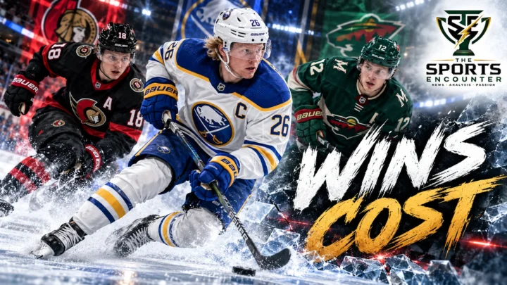 Rasmus Dahlin of the Buffalo Sabres, Tim Stützle of the Ottawa Senators and Matt Boldy of the Minnesota Wild in an October 12, 2026 NHL results graphic.