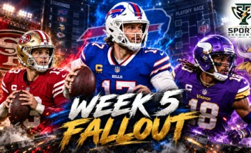 Josh Allen celebrating Buffalo's overtime victory over the Los Angeles Rams, with San Francisco 49ers and Minnesota Vikings imagery representing the unbeaten NFL leaders after Week 5.