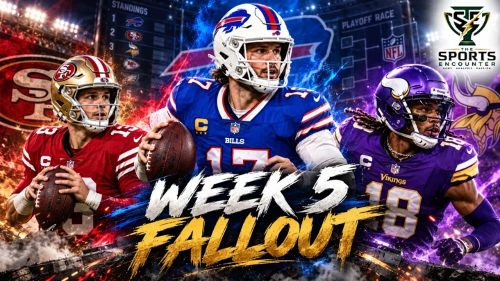 Josh Allen celebrating Buffalo's overtime victory over the Los Angeles Rams, with San Francisco 49ers and Minnesota Vikings imagery representing the unbeaten NFL leaders after Week 5.