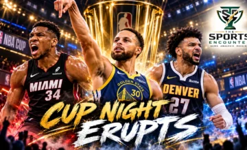 Cinematic illustration of Stephen Curry, Giannis Antetokounmpo and Jamal Murray representing the October 30, 2026 NBA Cup opening-night games, with The Sports Encounter official logo.