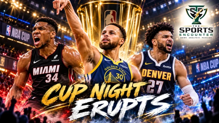 Cinematic illustration of Stephen Curry, Giannis Antetokounmpo and Jamal Murray representing the October 30, 2026 NBA Cup opening-night games, with The Sports Encounter official logo.