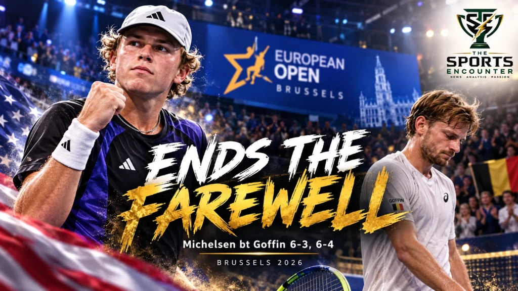 American tennis player Alex Michelsen and Belgian veteran David Goffin at the 2026 European Open in Brussels, where Michelsen won 6-3, 6-4 to end Goffin's professional singles career.