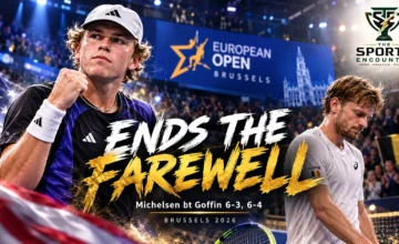 American tennis player Alex Michelsen and Belgian veteran David Goffin at the 2026 European Open in Brussels, where Michelsen won 6-3, 6-4 to end Goffin's professional singles career.