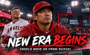 Cinematic editorial illustration of former Los Angeles Angels manager Kurt Suzuki at Angel Stadium, with the Angels emblem and a reference to the club's 100-loss season and 2027 managerial rebuild.