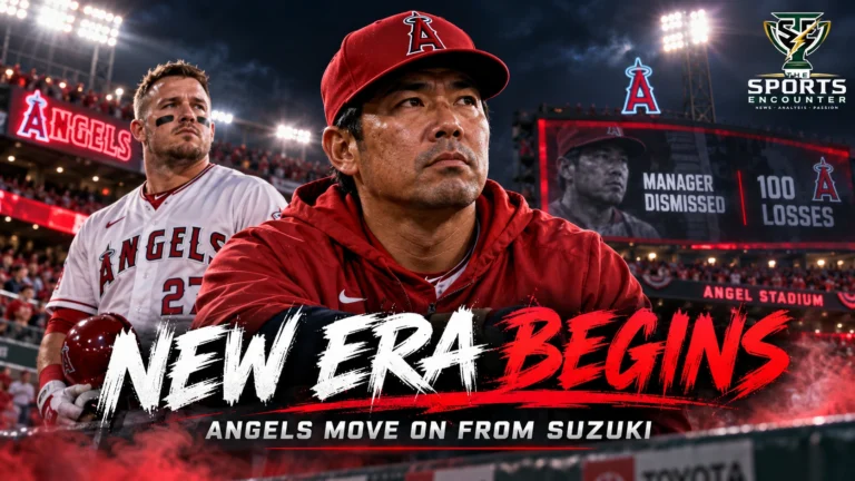 Cinematic editorial illustration of former Los Angeles Angels manager Kurt Suzuki at Angel Stadium, with the Angels emblem and a reference to the club's 100-loss season and 2027 managerial rebuild.