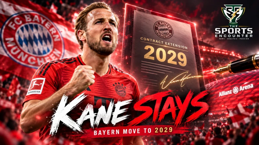 Harry Kane in Bayern Munich's red jersey celebrating against a dramatic Allianz Arena backdrop, with a 2029 contract extension graphic, bold "Kane Stays" lettering, and The Sports Encounter's official logo.