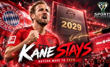 Harry Kane in Bayern Munich's red jersey celebrating against a dramatic Allianz Arena backdrop, with a 2029 contract extension graphic, bold "Kane Stays" lettering, and The Sports Encounter's official logo.