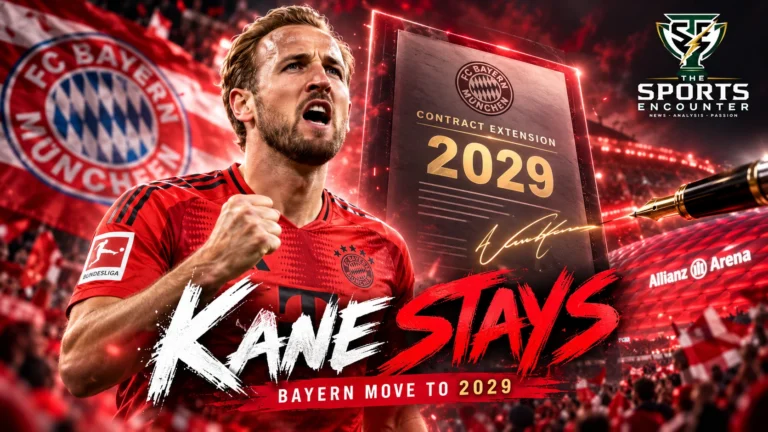 Harry Kane in Bayern Munich's red jersey celebrating against a dramatic Allianz Arena backdrop, with a 2029 contract extension graphic, bold "Kane Stays" lettering, and The Sports Encounter's official logo.