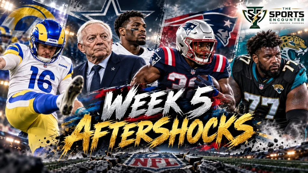 NFL Week 5 editorial montage featuring Rams kicker Blake Grupe, Cowboys defensive coordinator Christian Parker, Patriots running back TreVeyon Henderson and Jaguars tackle Anton Harrison.