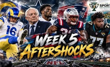 NFL Week 5 editorial montage featuring Rams kicker Blake Grupe, Cowboys defensive coordinator Christian Parker, Patriots running back TreVeyon Henderson and Jaguars tackle Anton Harrison.