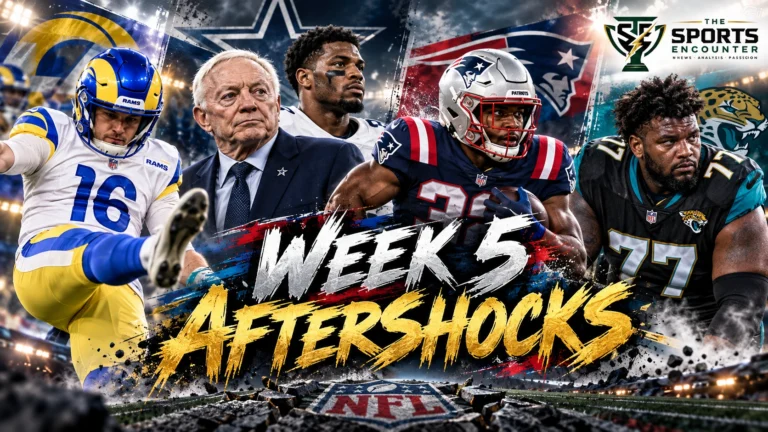 NFL Week 5 editorial montage featuring Rams kicker Blake Grupe, Cowboys defensive coordinator Christian Parker, Patriots running back TreVeyon Henderson and Jaguars tackle Anton Harrison.