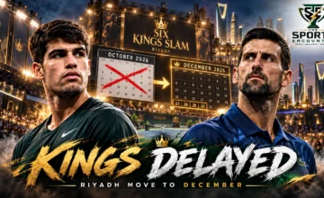 Carlos Alcaraz and Novak Djokovic pictured against a dramatic Riyadh tennis arena backdrop, illustrating the postponement of the 2026 Six Kings Slam until December.