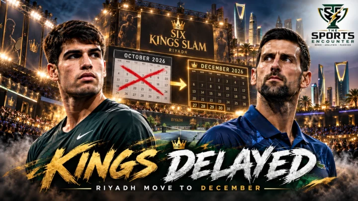 Carlos Alcaraz and Novak Djokovic pictured against a dramatic Riyadh tennis arena backdrop, illustrating the postponement of the 2026 Six Kings Slam until December.