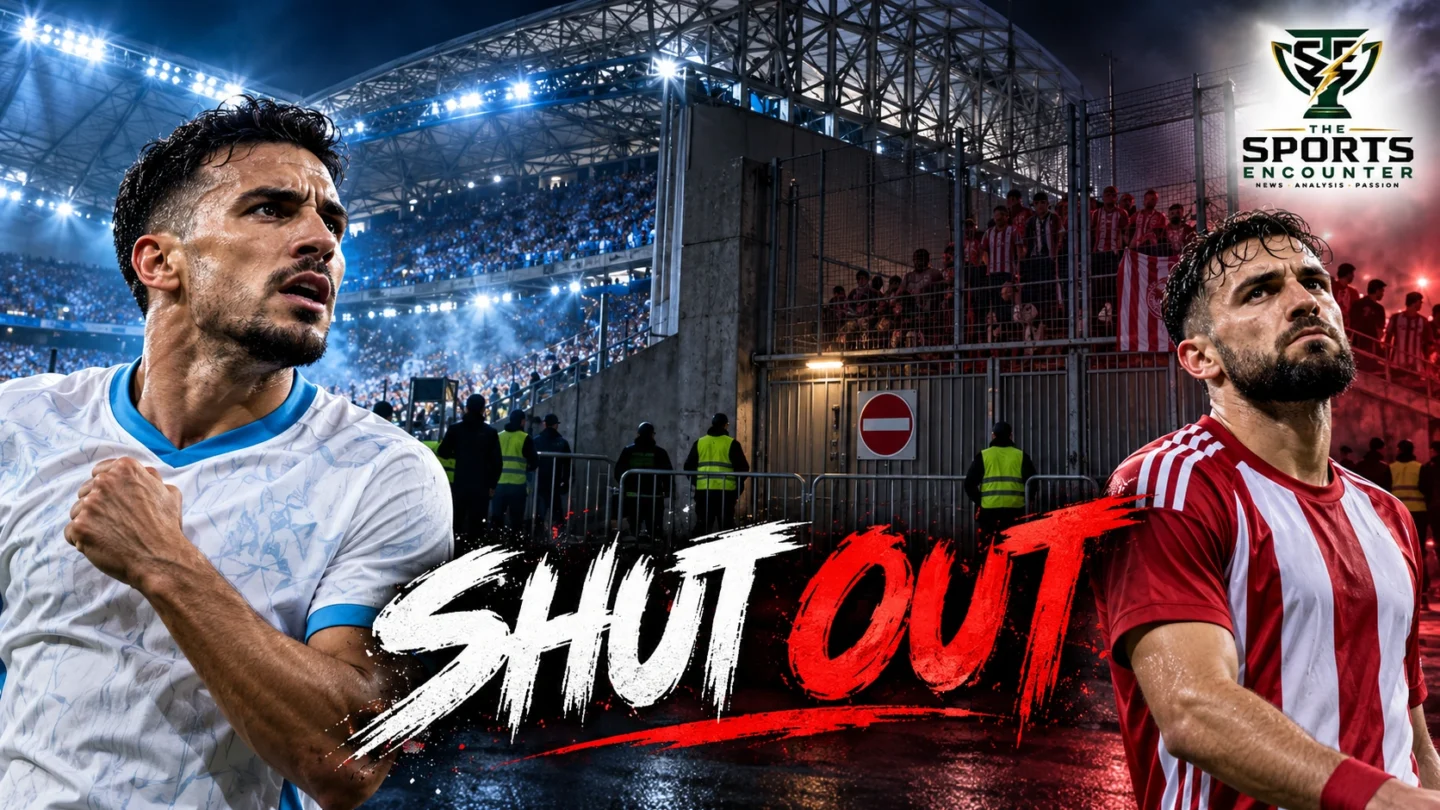 Illustration of an empty away-supporters section at Marseille's Stade Vélodrome, with Olympiacos red-and-white colors highlighting the ticket cancellation controversy.
