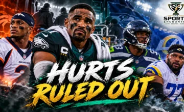 Proposed NFL Week 6 news graphic featuring Philadelphia Eagles quarterback Jalen Hurts, Denver Broncos cornerback Pat Surtain II, Seattle Seahawks linebacker Drake Thomas, and Los Angeles Rams tackle Alaric Jackson.