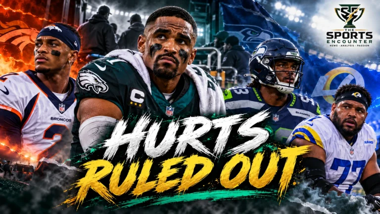 Proposed NFL Week 6 news graphic featuring Philadelphia Eagles quarterback Jalen Hurts, Denver Broncos cornerback Pat Surtain II, Seattle Seahawks linebacker Drake Thomas, and Los Angeles Rams tackle Alaric Jackson.