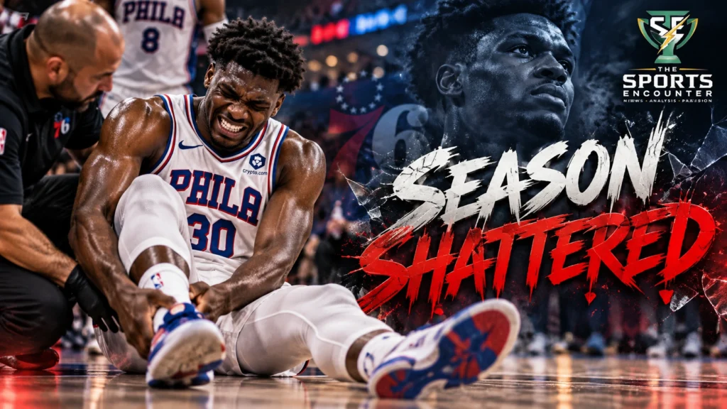 Ariel Hukporti of the Philadelphia 76ers after suffering a season-ending right Achilles rupture during the 2026 preseason opener against the New York Knicks.