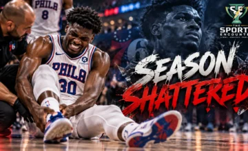 Ariel Hukporti of the Philadelphia 76ers after suffering a season-ending right Achilles rupture during the 2026 preseason opener against the New York Knicks.