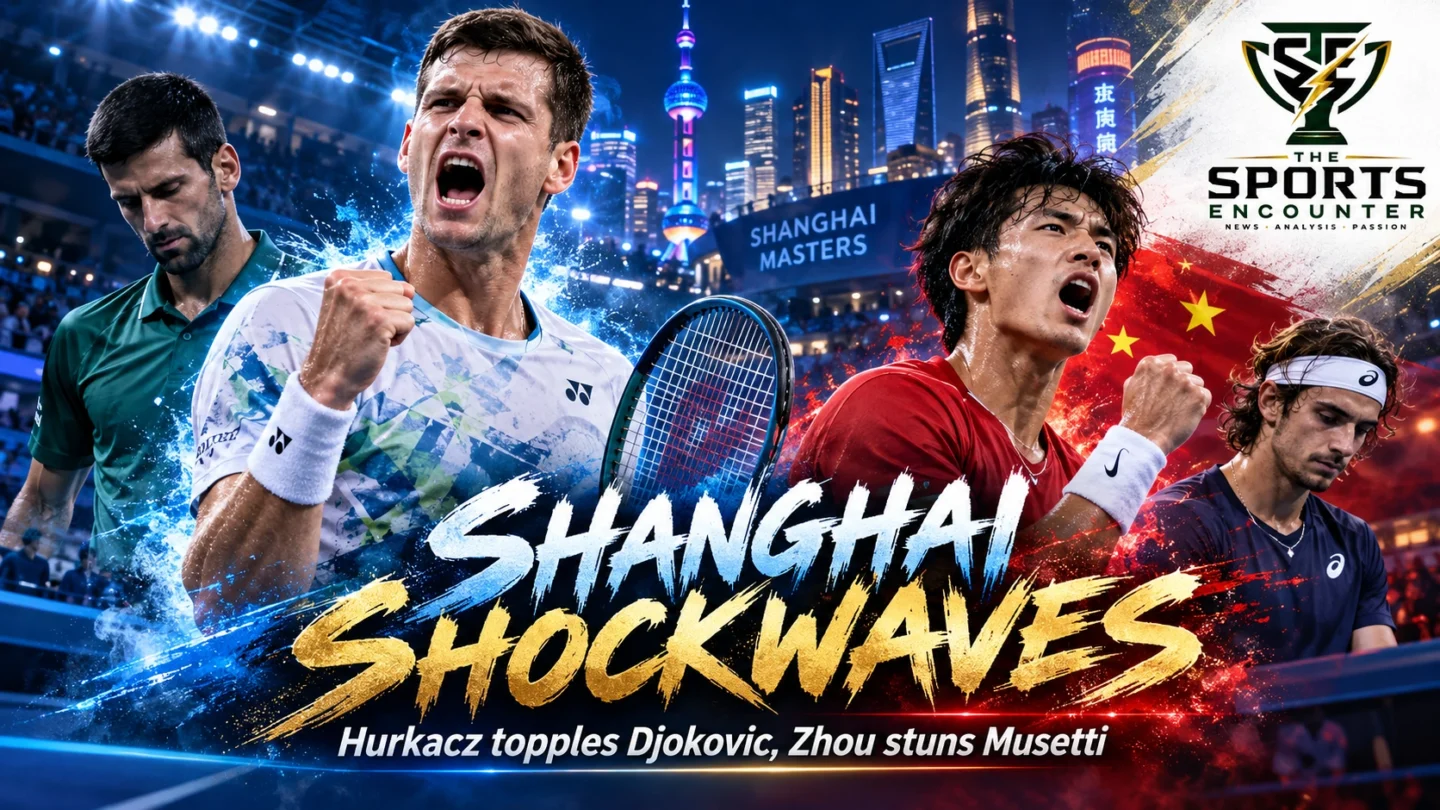 Hubert Hurkacz celebrating his Shanghai Masters victory over Novak Djokovic, alongside Chinese wildcard Zhou Yi's upset of Lorenzo Musetti on October 9, 2026.